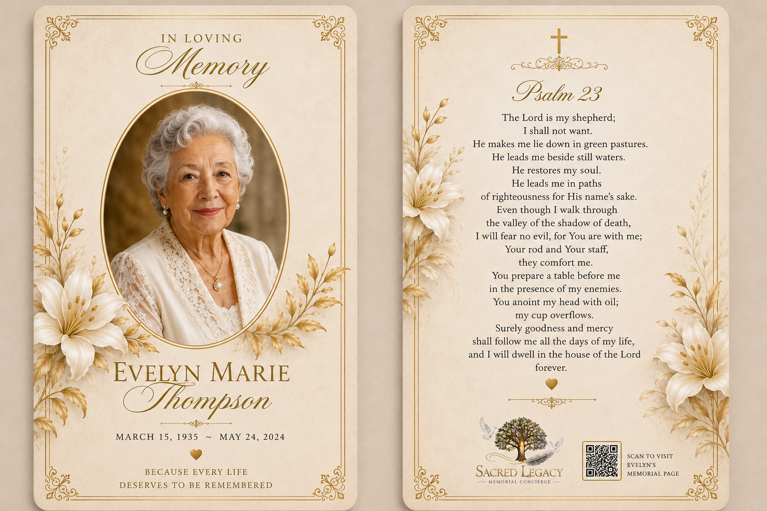 Elegant memorial prayer card front and back example