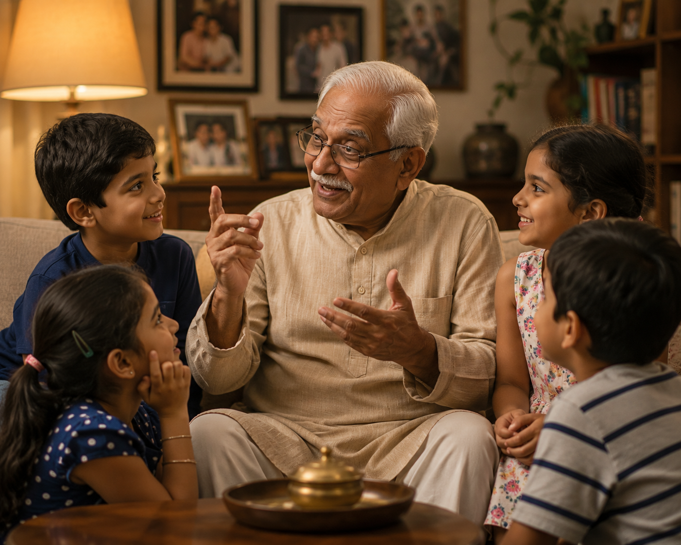 Grandfather telling family stories to grandchildren