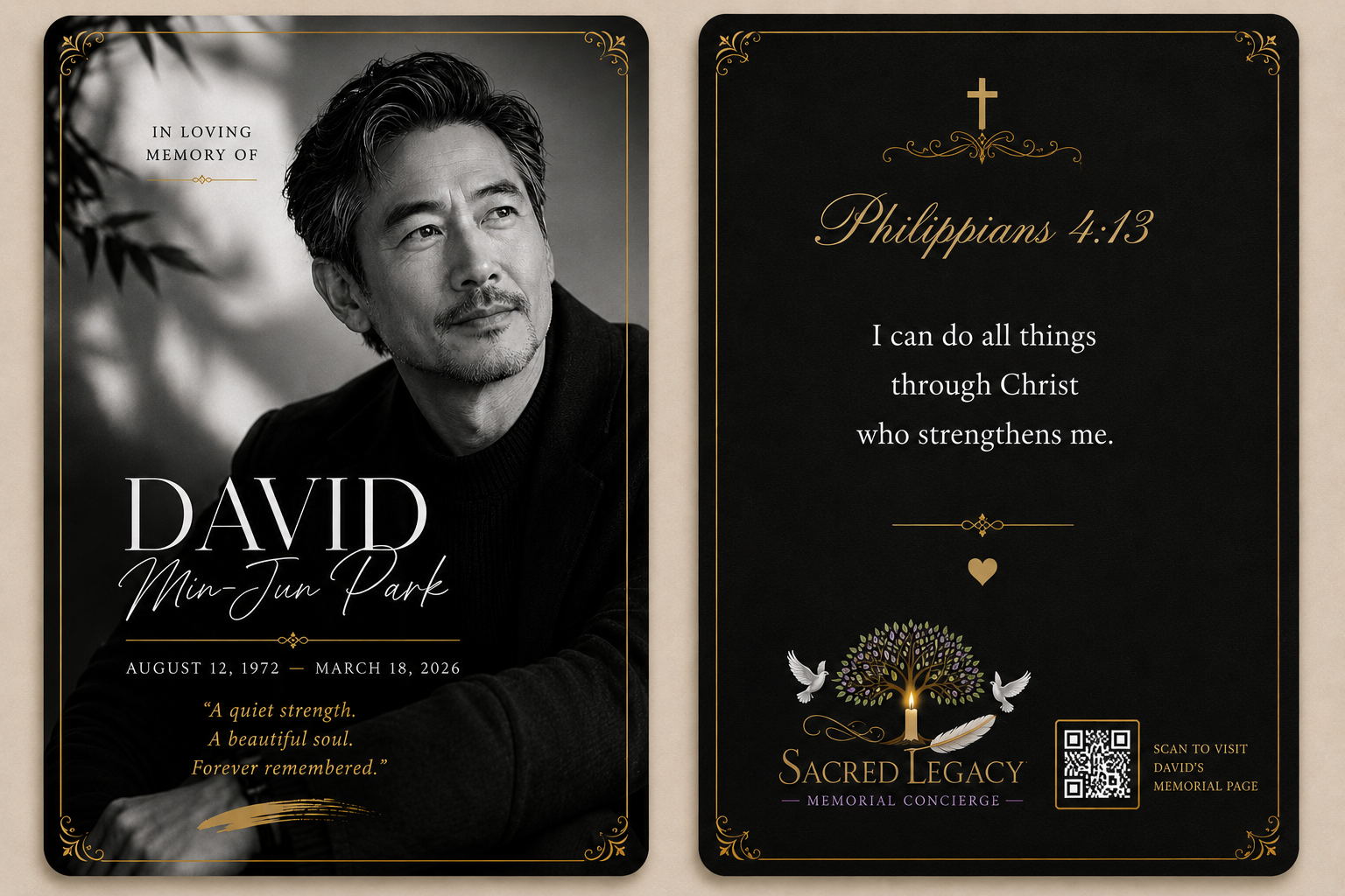 Modern memorial prayer card front and back example